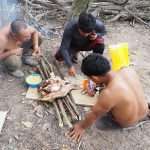 3 Wai Wai share a meal of peacock bass and farine in the forest